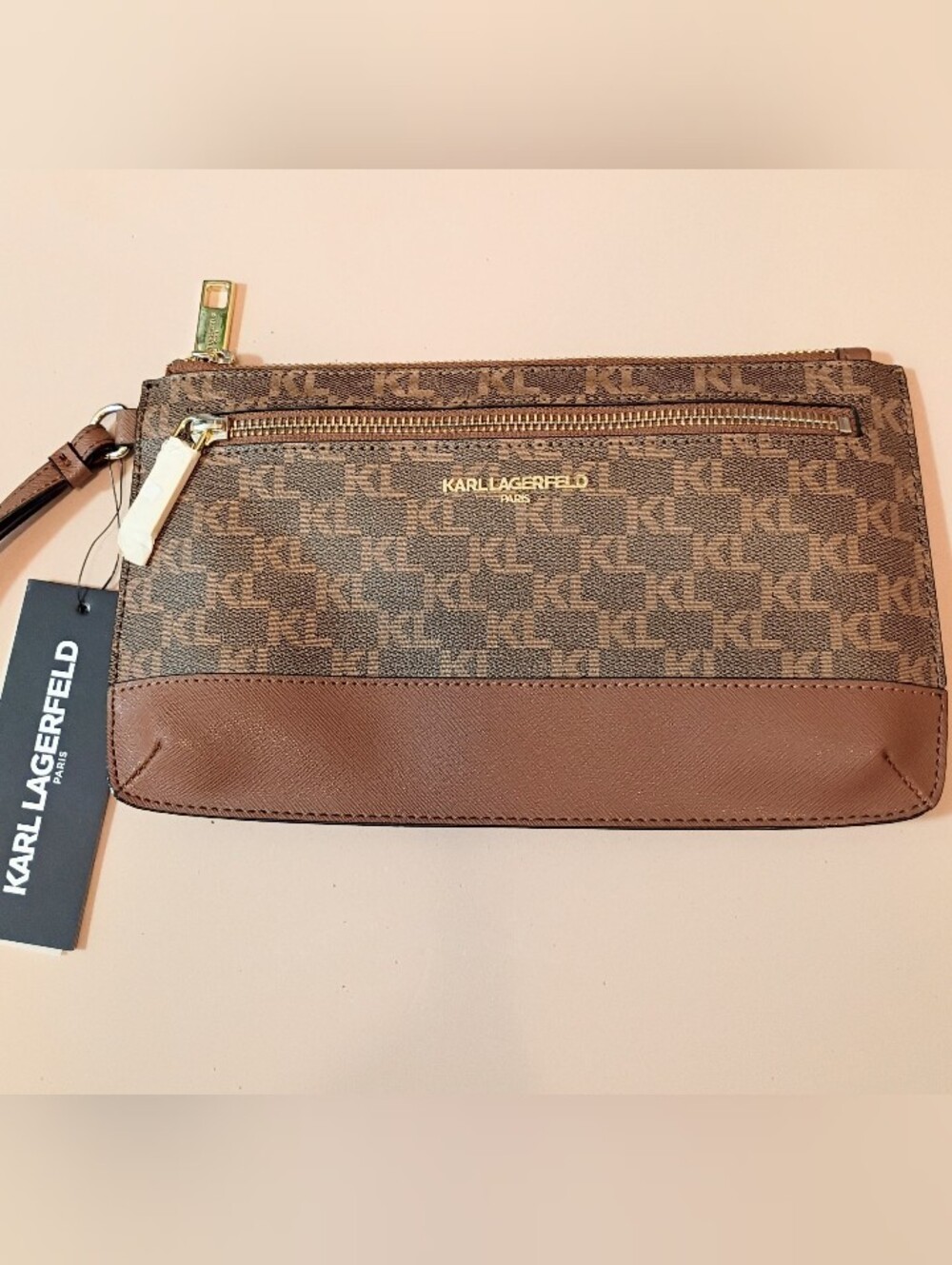 NWT Karl Lagerfeld Paris Monogram Brown Khaki Logo Zip Wristlet